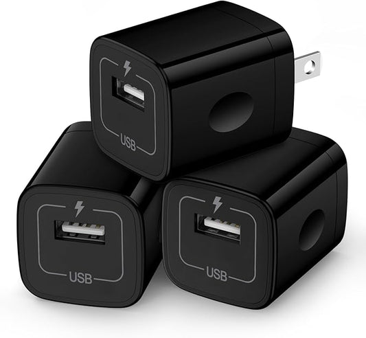 Wall Charger Cube,1A/5V Single Port USB Plug 3 Pack Travel Black Charging Block Box Adapter Compatible Phone,Samsung Galaxy S24 S23 A21 A51 A71 S20 S10 S9 S8,A10e,Note20/10,Moto G7 G6,LG Stylo 6/5/4