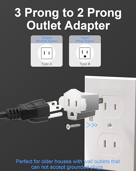 Portable 3 Prong to 2 Prong Outlet Adapter, Fireproof 392℉ 3-2 Prong Adapter Converter, Heavy Duty Wall Plug Adapter for Household Appliances Industrial, 1875W Max, 4 Packs