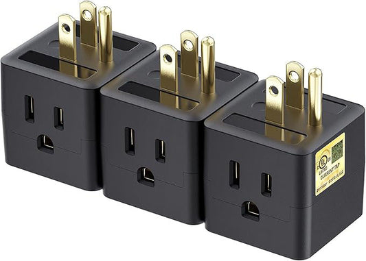 3-Pack 3 Outlet Wall Adapter (Grounded Cube Tap, Outlet Splitter, 3 Way Plug Adapter, 3-Prong Power Splitter), Black