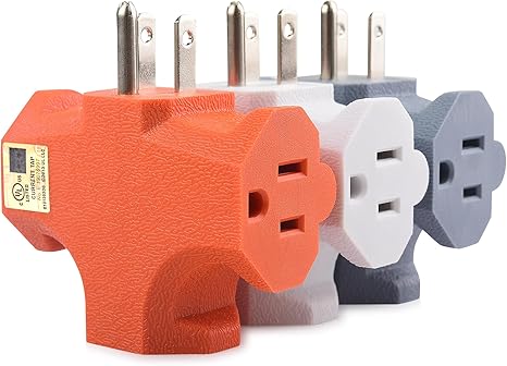 3-Pack 3 Way Plug Adapter 15A 1875W, 3 Prong 3 Outlet Adapter, Power Splitter Plug Outlet, 3 Way Electrical Splitter, Multicolored (White, Gray, Orange)