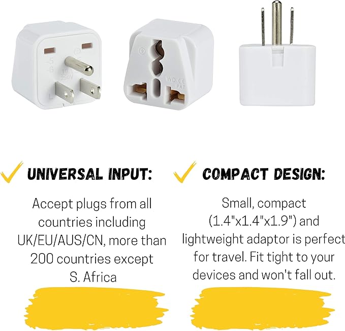 Universal Travel Plug Adapter – Compact Multi-National Outlet Converter (US to Worldwide), 110V–250V Power Compatibility