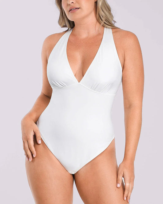 Bare Essentials™ AirSlim® Deep V-Neck Cross Back Thong Bodysuit