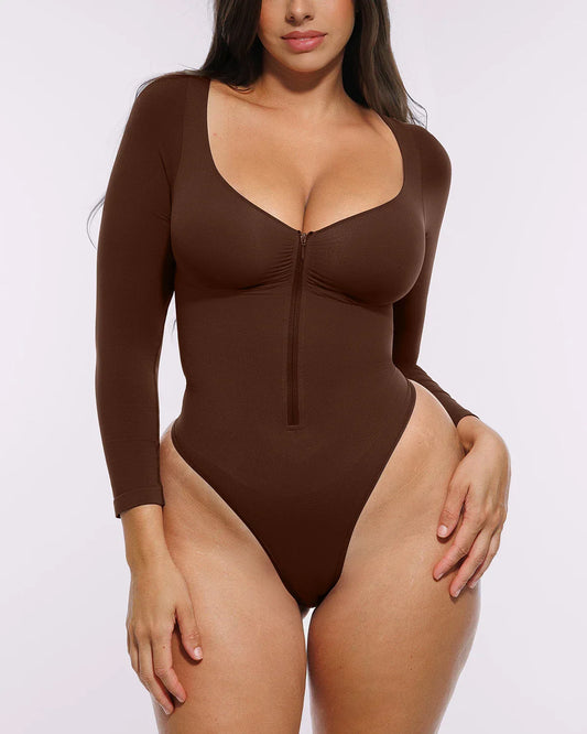Bare Essentials™ Skin Flow™ Long Sleeve Zipper Front Thong Bodysuit