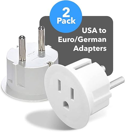 American USA To European plug adapter – Type E/F schuko plug adapter - Use in Germany, France, & more - CE Certified – For Mobile, Laptop & Camera Chargers - 2 Pack