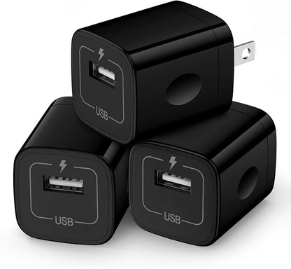 Wall Charger Cube,1A/5V Single Port USB Plug 3 Pack Travel Black Charging Block Box Adapter Compatible Phone,Samsung Galaxy S24 S23 A21 A51 A71 S20 S10 S9 S8,A10e,Note20/10,Moto G7 G6,LG Stylo 6/5/4