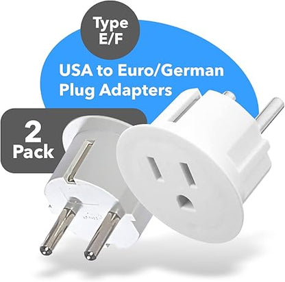 American USA To European plug adapter – Type E/F schuko plug adapter - Use in Germany, France, & more - CE Certified – For Mobile, Laptop & Camera Chargers - 2 Pack