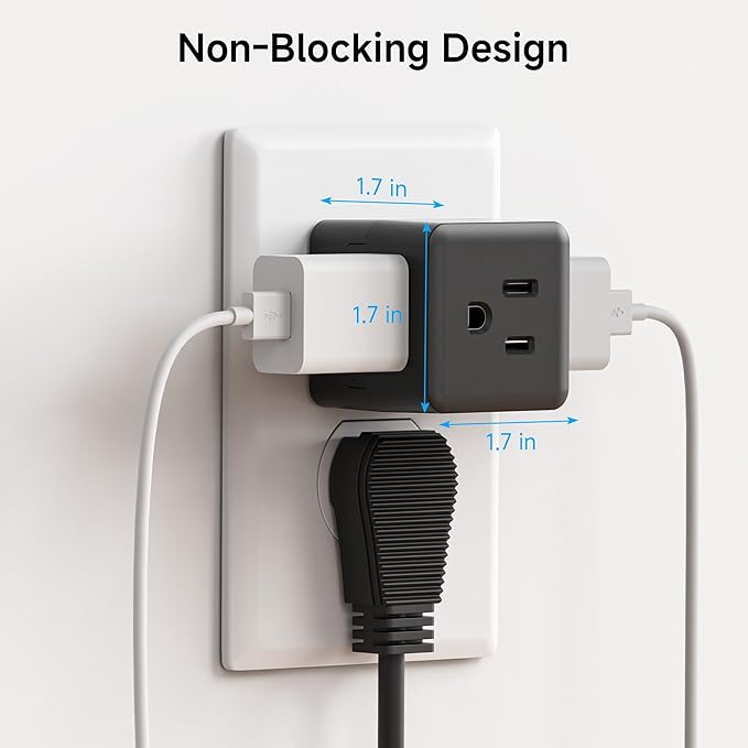 3-Pack 3 Outlet Wall Adapter (Grounded Cube Tap, Outlet Splitter, 3 Way Plug Adapter, 3-Prong Power Splitter), Black