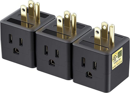 3-Pack 3 Outlet Wall Adapter (Grounded Cube Tap, Outlet Splitter, 3 Way Plug Adapter, 3-Prong Power Splitter), Black