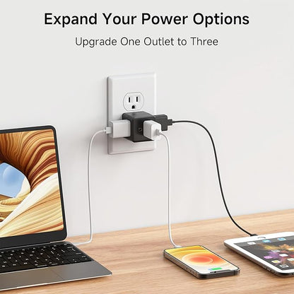 3-Pack 3 Outlet Wall Adapter (Grounded Cube Tap, Outlet Splitter, 3 Way Plug Adapter, 3-Prong Power Splitter), Black
