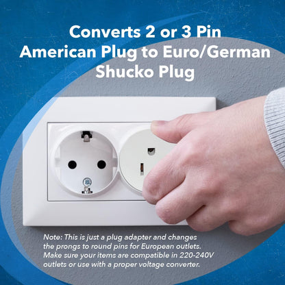 American USA To European plug adapter – Type E/F schuko plug adapter - Use in Germany, France, & more - CE Certified – For Mobile, Laptop & Camera Chargers - 2 Pack