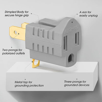 (3 Pack) 3-Prong to 2-Prong Adapter Polarized Grounding Converter 3 Pin to 2 Pin Power for Wall Outlets Plugs, Gray