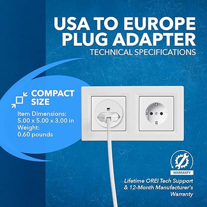 American USA To European plug adapter – Type E/F schuko plug adapter - Use in Germany, France, & more - CE Certified – For Mobile, Laptop & Camera Chargers - 2 Pack