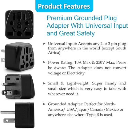 US Travel Plug Adapter, EU,AU,UK,NZ,CN,in to USA (Type B), Grounded 3 Prong USA Wall Plug, EU to US Travel Adaptor Pin Converter, Power Outlet Charger (1-Pack)