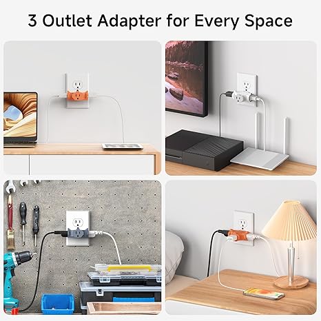 3-Pack 3 Way Plug Adapter 15A 1875W, 3 Prong 3 Outlet Adapter, Power Splitter Plug Outlet, 3 Way Electrical Splitter, Multicolored (White, Gray, Orange)