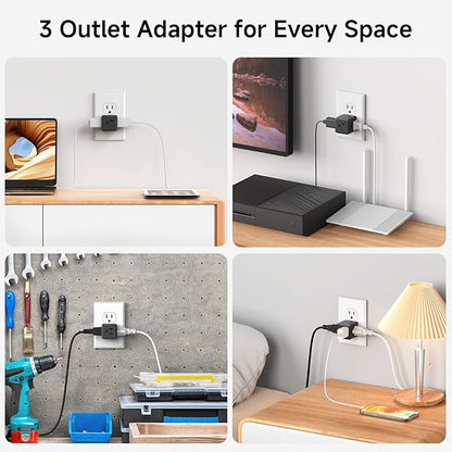3-Pack 3 Outlet Wall Adapter (Grounded Cube Tap, Outlet Splitter, 3 Way Plug Adapter, 3-Prong Power Splitter), Black
