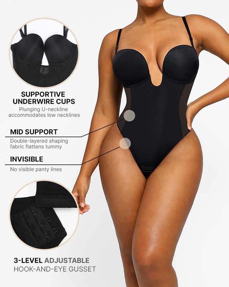 BOOT-YEAH™ MeshSmooth™ Deep Plunge Low-Back Thong Bodysuit
