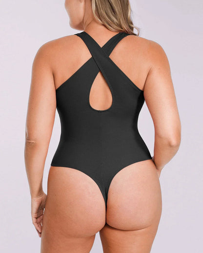 Bare Essentials™ AirSlim® Deep V-Neck Cross Back Thong Bodysuit