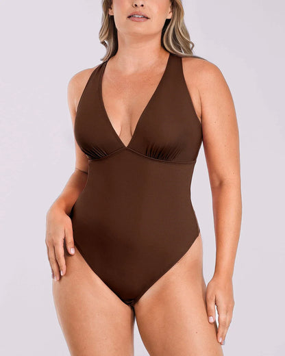 Bare Essentials™ AirSlim® Deep V-Neck Cross Back Thong Bodysuit