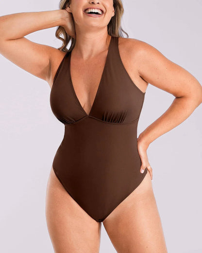 Bare Essentials™ AirSlim® Deep V-Neck Cross Back Thong Bodysuit