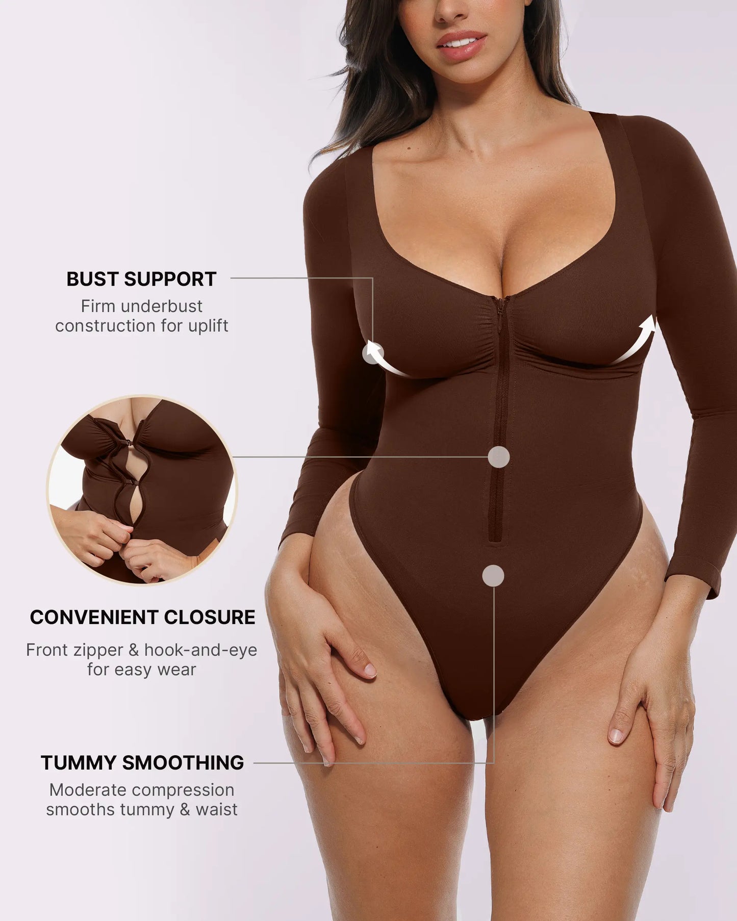 Bare Essentials™ Skin Flow™ Long Sleeve Zipper Front Thong Bodysuit