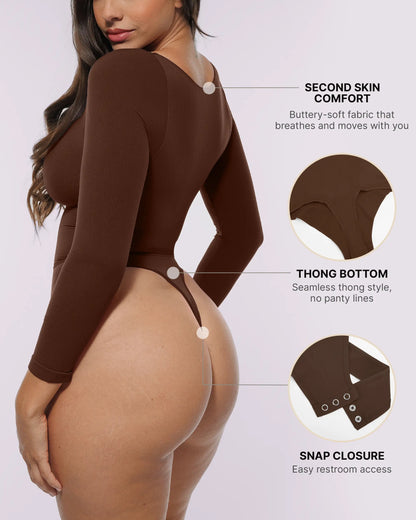 Bare Essentials™ Skin Flow™ Long Sleeve Zipper Front Thong Bodysuit