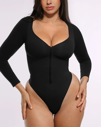 Bare Essentials™ Skin Flow™ Long Sleeve Zipper Front Thong Bodysuit