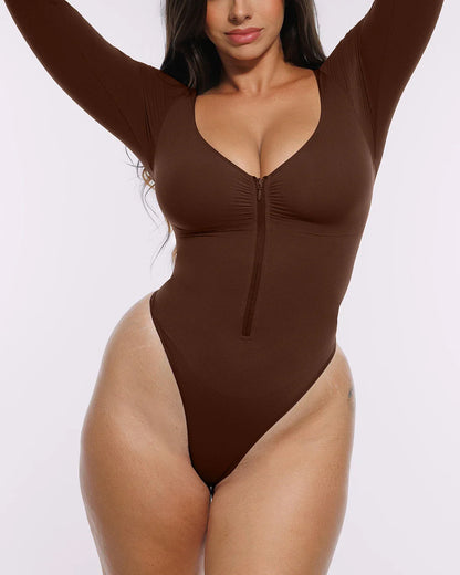 Bare Essentials™ Skin Flow™ Long Sleeve Zipper Front Thong Bodysuit