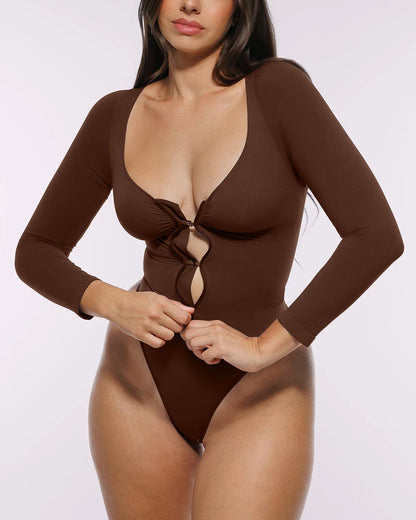 Bare Essentials™ Skin Flow™ Long Sleeve Zipper Front Thong Bodysuit