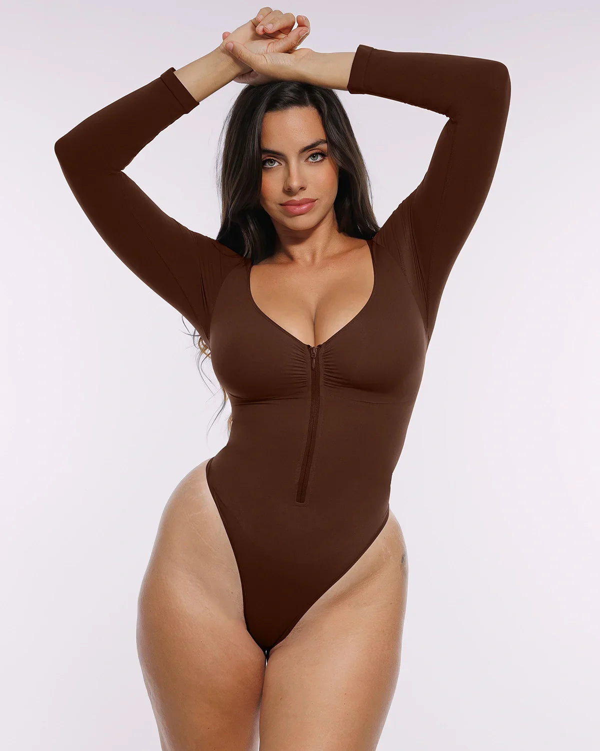 Bare Essentials™ Skin Flow™ Long Sleeve Zipper Front Thong Bodysuit