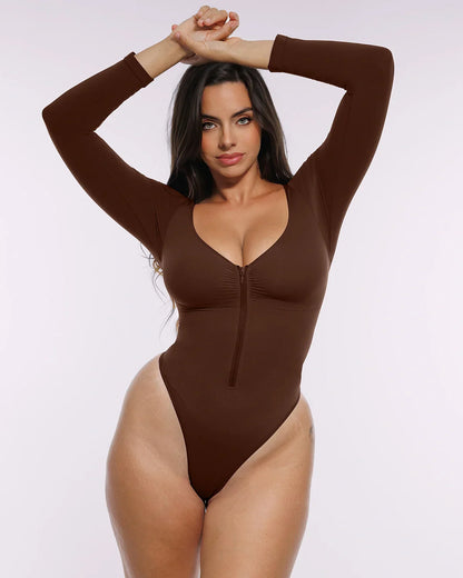 Bare Essentials™ Skin Flow™ Long Sleeve Zipper Front Thong Bodysuit